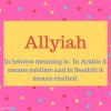 Allyiah Name Meaning In hebrew meaning is - In Arabic it means sublime and in Swahili it means exalted.