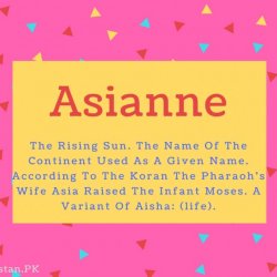 Asianne name Meaning The Rising Sun. The Name Of The Continent Used As A Given Name. According To The Koran The Pharaoh&#039;s Wife Asia Raised The Infant Moses. A Variant Of Aisha- (life)