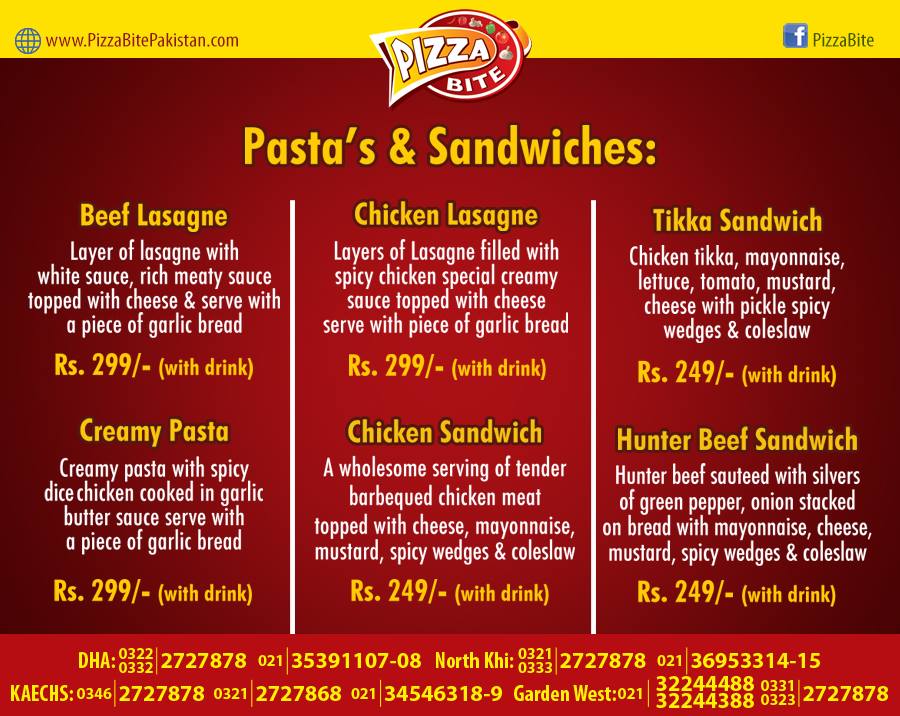 Pizza Bite Karachi Pasta's And Sandwiches Menu