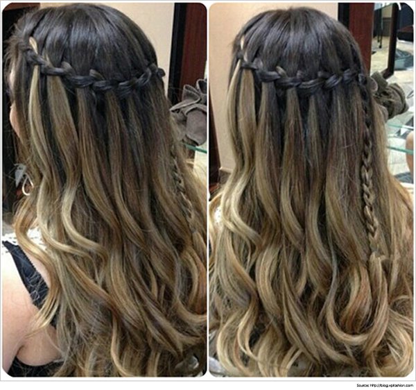 50 Simple Curly Hairstyles You Can Do In 10-Minutes-Elegant Cascading Waterfall Braid